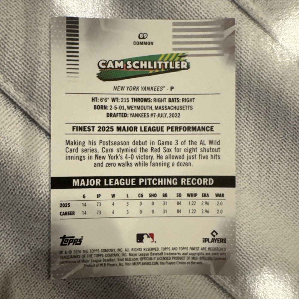 2026 Topps Finest Cam Schlittler RC #89 Mini Diamond Refractor Yankees - Picture 2 of 2